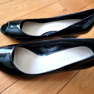 Franco Sarto women's glossy black open toe wedges